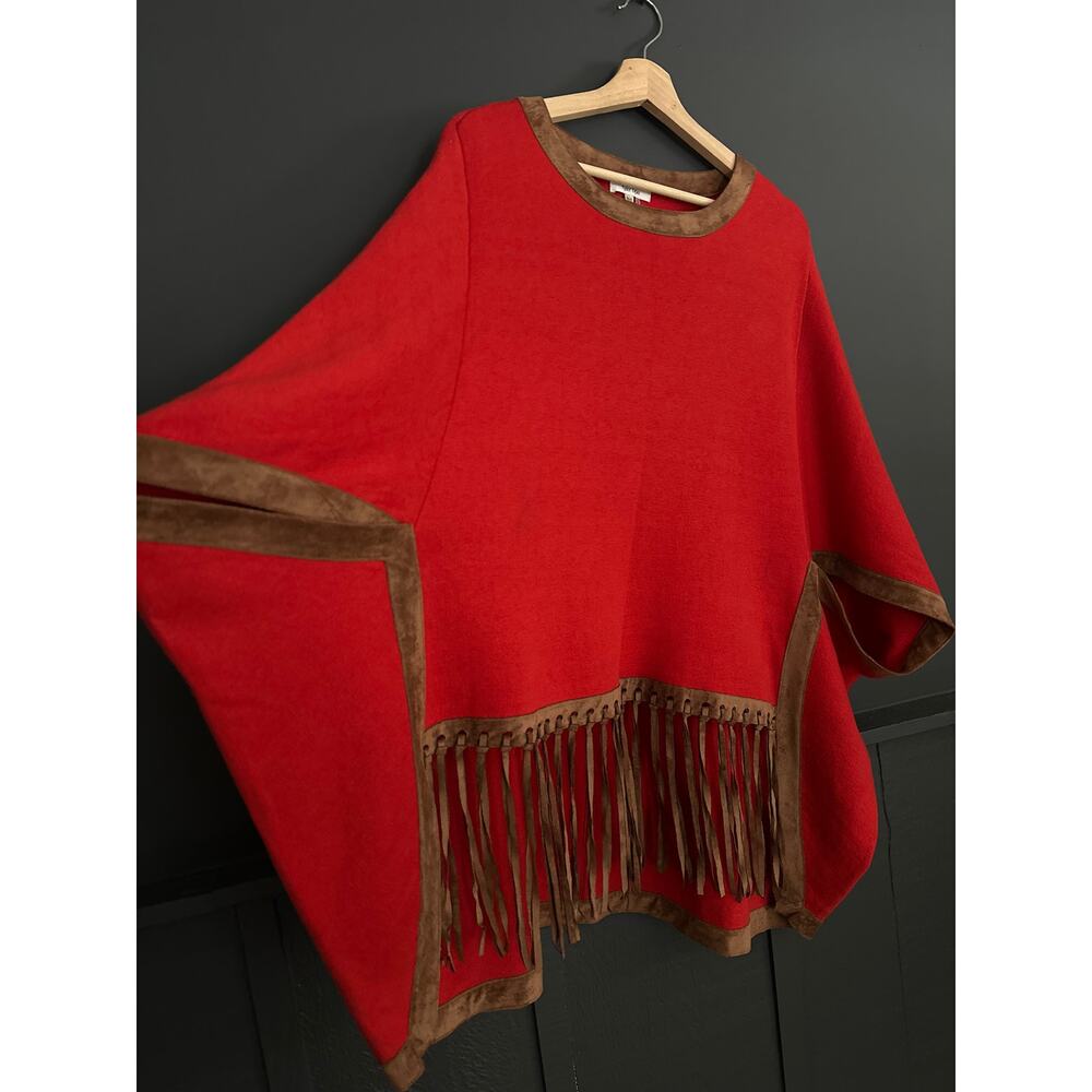 Tyler Boe Red Brown Cotton Cashmere Knit Fringe Poncho Sweater Cap Size Small XS - Picture 4 of 9